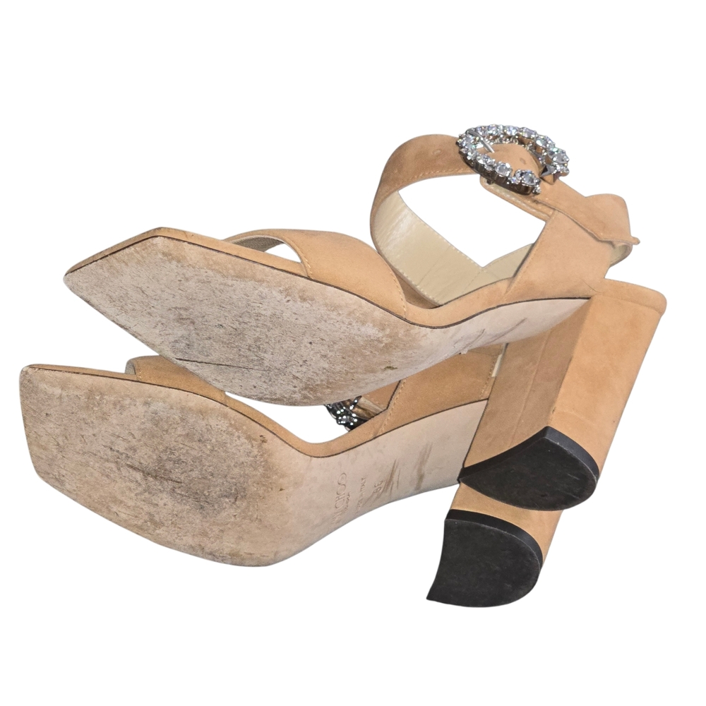 Jimmy Choo Maysa Caramel Suede Sandals Crystal Buckle Size 36/6 Heel 3" - Picture 8 of 11